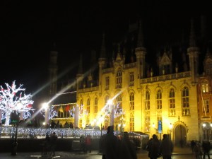 The Markt in Bruges that had a Christmas Market, pretty lights and ice skating.